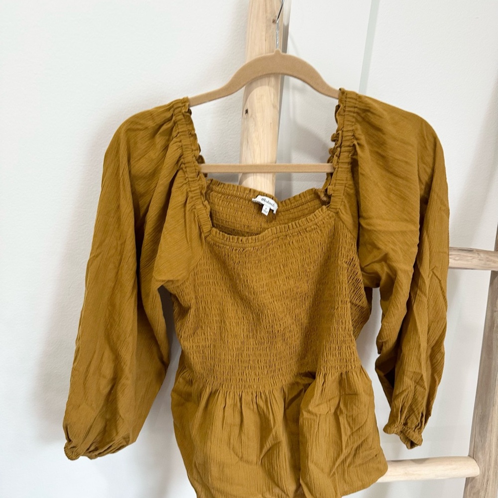 Madewell Mustard Smocked Square-Neck Peplum Blouse - Picture 3 of 5